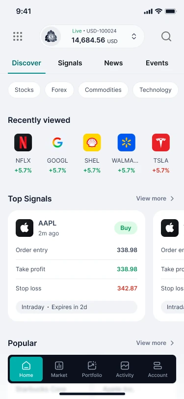Equiti SuperApp Discover screen with recently viewed instruments and trading signals