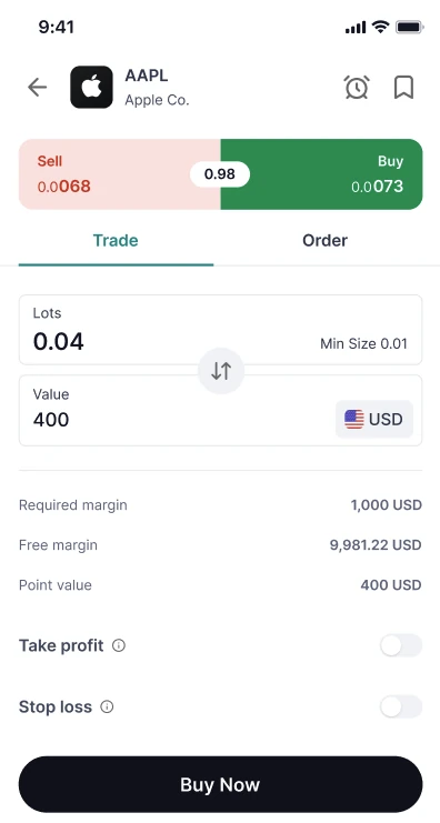 SuperApp trade ticket for Apple with buy and sell prices, lot size, value and margin